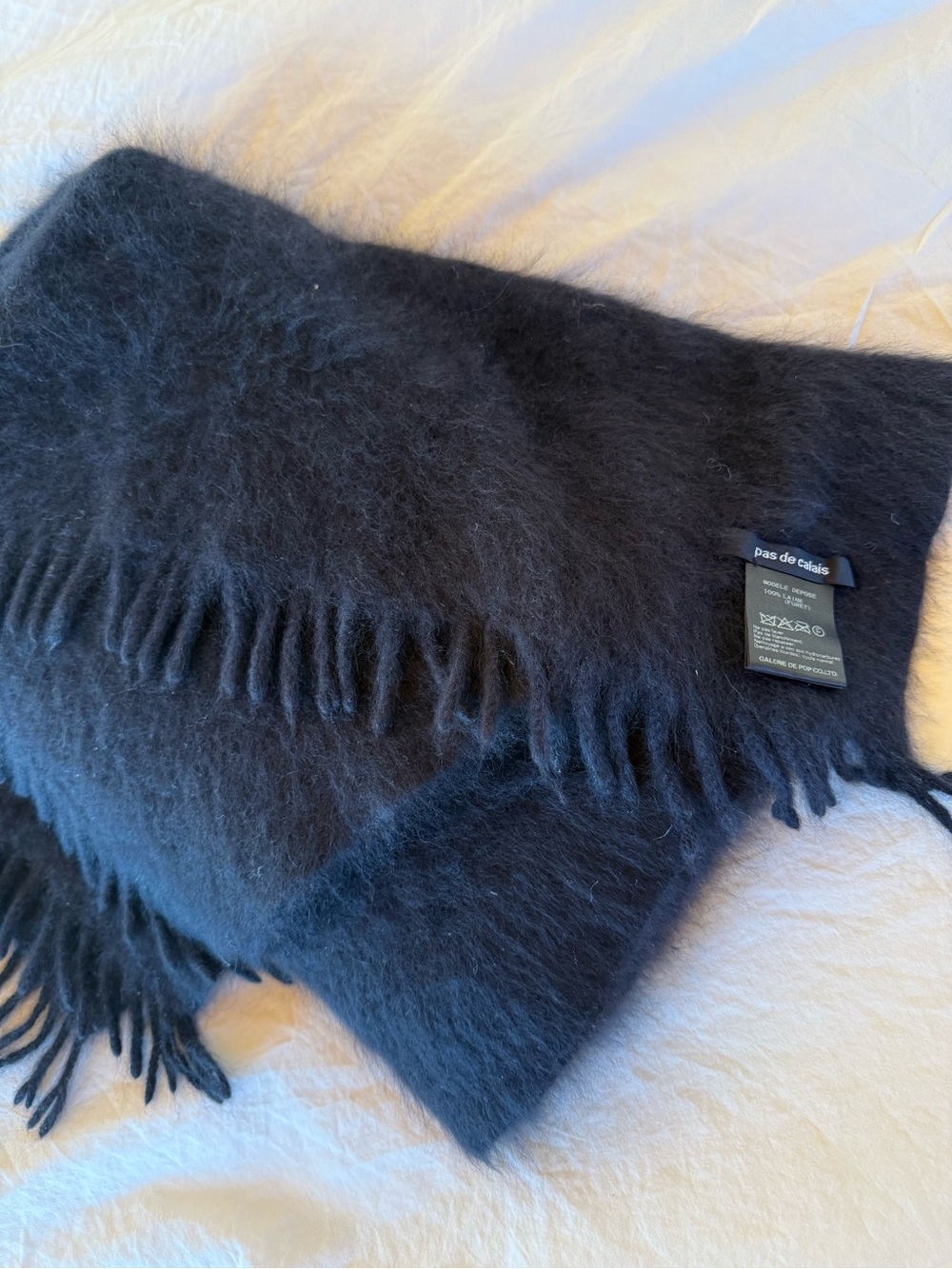 Pas de Calais Black Fluffy Fringe Scarf 100% Soft Wool